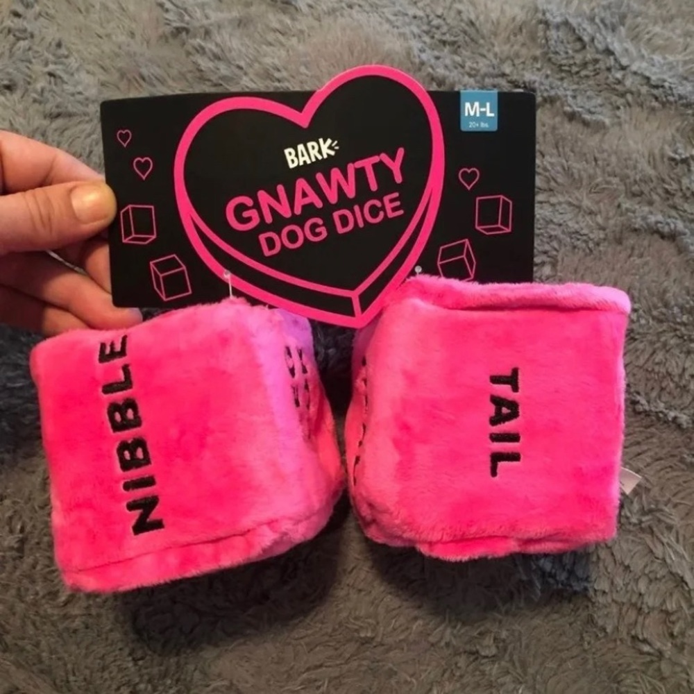 Bark Box brand squeaky “Gnawty dog dice set”